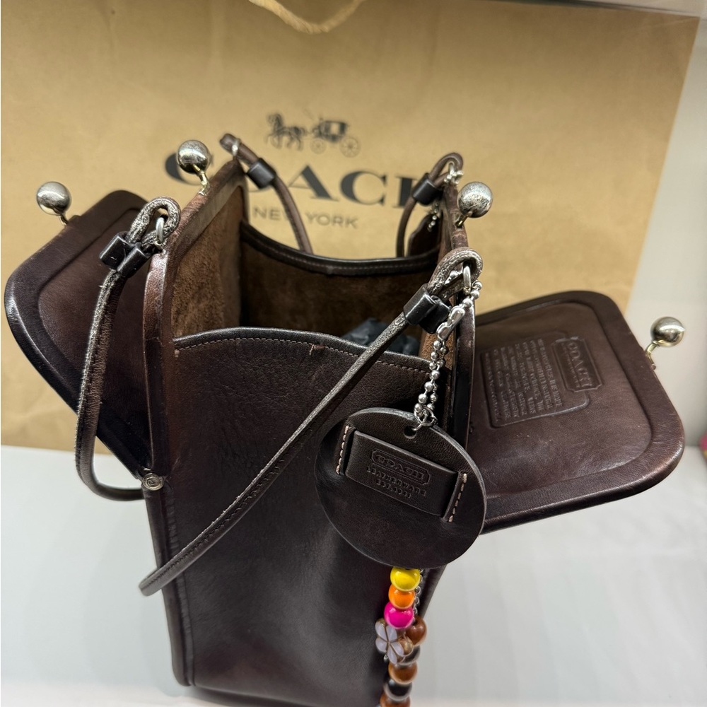 Coach Vintage Bonnie Cashin Carry doble Kiss-lock Brown Leather Shoulder Bag. - Picture 7 of 13